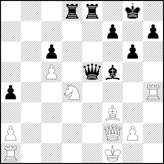 3rr1k1 5p1p 2p3p1 2P1qb2 p2N3R 5B2 P4QP1 R4K2  b        3  9 weg + hout